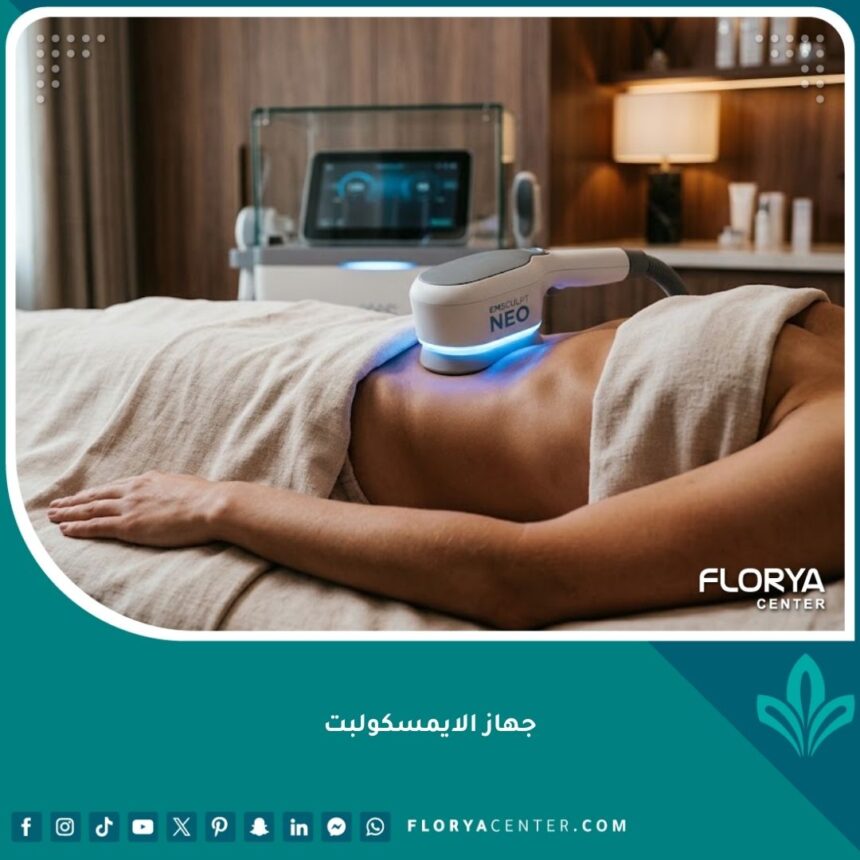 صورة عالية الدقة لجهاز الايمسكولبت لنحت الجسم وحرق الدهون السطحية في عيادة تجميل فخمة.