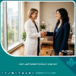 طبيب جراحة تجميلية يرحب بمريض خلال حجز موعد استشارة لعملية قص الجلد في عيادة فخمة.