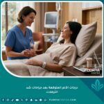 سيدة تتعافى براحة تامة وشعور بالاطمئنان بعد جراحة شد الترهلات مع تلقي الرعاية الطبية ومسكنات الألم.