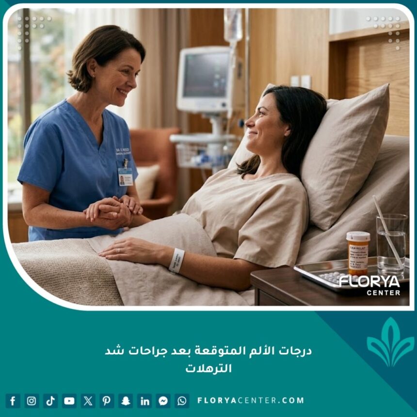 سيدة تتعافى براحة تامة وشعور بالاطمئنان بعد جراحة شد الترهلات مع تلقي الرعاية الطبية ومسكنات الألم.
