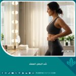امرأة واثقة تتأمل قوامها الممشوق وبطنها المسطح في المرآة بعد نجاح عملية شد البطن الممتد.