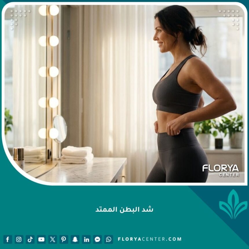 شد البطن الممتد 1 امرأة واثقة تتأمل قوامها الممشوق وبطنها المسطح في المرآة بعد نجاح عملية شد البطن الممتد.