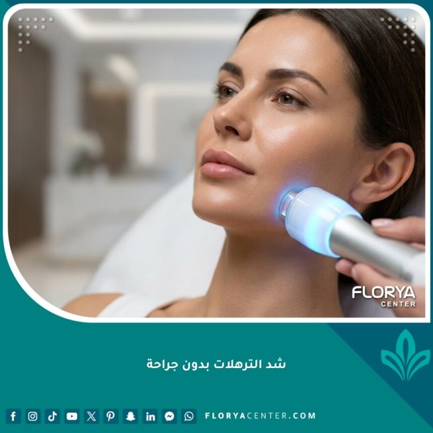 سيدة تخضع لجلسة شد الترهلات بدون جراحة في عيادة تجميل فاخرة باستخدام أحدث أجهزة الراديو فريكونسي.