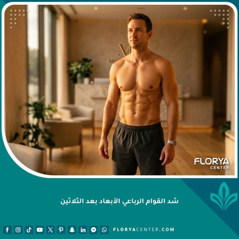 رجل رياضي في الثلاثينيات يتمتع بعضلات بطن منحوتة وجذابة بعد إجراء عملية شد القوام الرباعي الأبعاد.