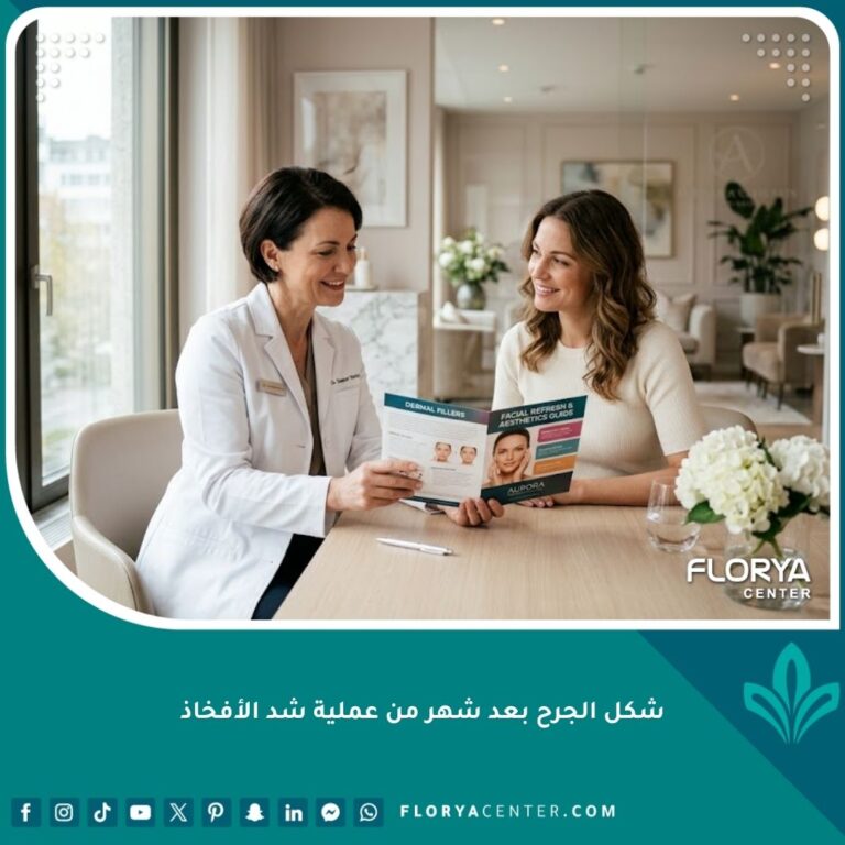 طبيب جراحة تجميل يطمئن مريضة في العيادة حول طبيعة وشكل الجرح بعد شهر من عملية شد الأفخاذ.