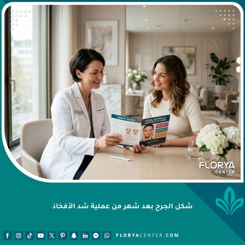 شكل الجرح بعد شهر من عملية شد الأفخاذ 1 طبيب جراحة تجميل يطمئن مريضة في العيادة حول طبيعة وشكل الجرح بعد شهر من عملية شد الأفخاذ.