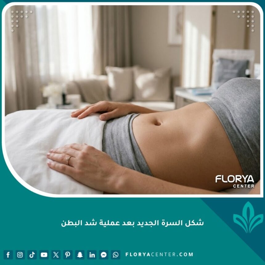 بطن مشدود مع شكل السرة الجديد الطبيعي والمثالي بعد عملية شد البطن لنتيجة خالية من الندبات الواضحة.