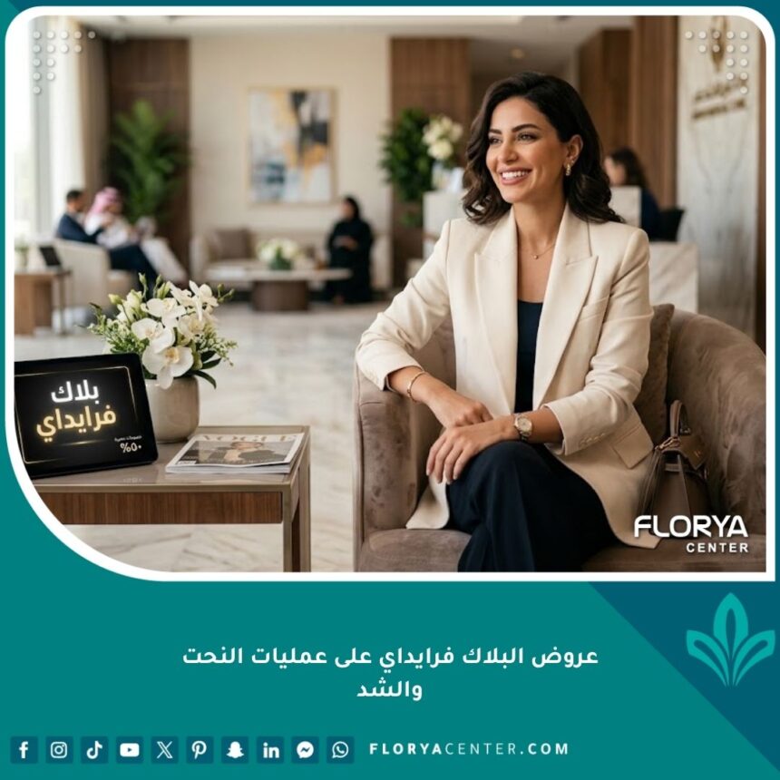 سيدة أنيقة داخل عيادة تجميل فخمة، صورة تعبر عن عروض البلاك فرايداي على عمليات النحت والشد.