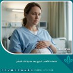 امرأة تتحقق بهدوء من علامات التهاب الجرح بعد عملية شد البطن لضمان التعافي السليم.