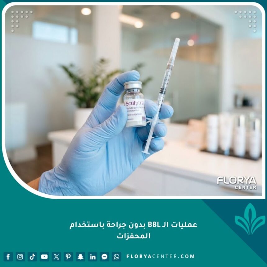 عمليات الـ BBL بدون جراحة باستخدام المحفزات 1 طبيب تجميل يجهز إبرة حقن السكولبترا والمحفزات الحيوية لإجراء عملية BBL بدون جراحة في عيادة حديثة.