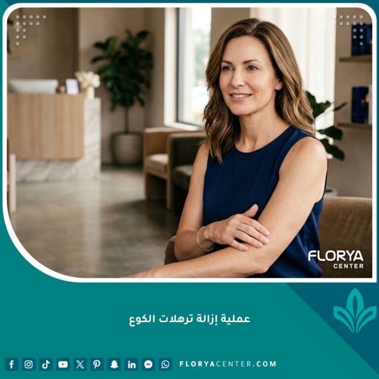 امرأة أنيقة تلمس ذراعها بمظهر مشدود بعد عملية إزالة ترهلات الكوع في عيادة تجميل راقية.