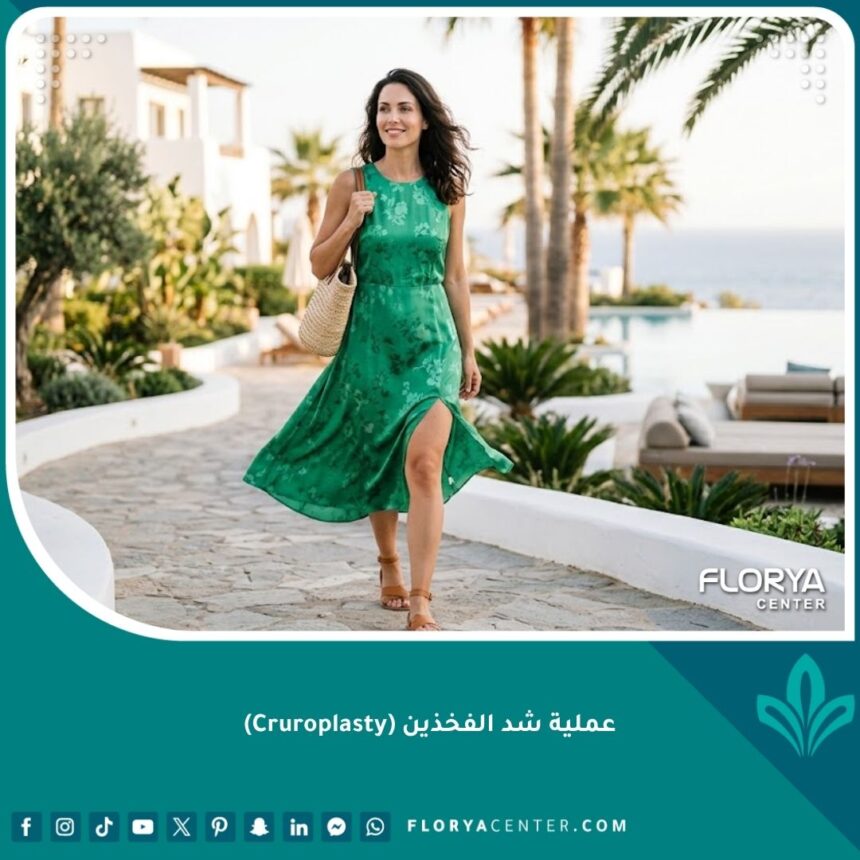 امرأة رشيقة تمشي بثقة بعد نجاح عملية شد الفخذين والتخلص من الترهلات المزعجة.