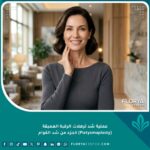 صورة واقعية لامرأة أنيقة تلمس رقبتها المشدودة بعد إجراء عملية شد ترهلات الرقبة العميقة وتنسيق القوام في عيادة تجميل فاخرة.