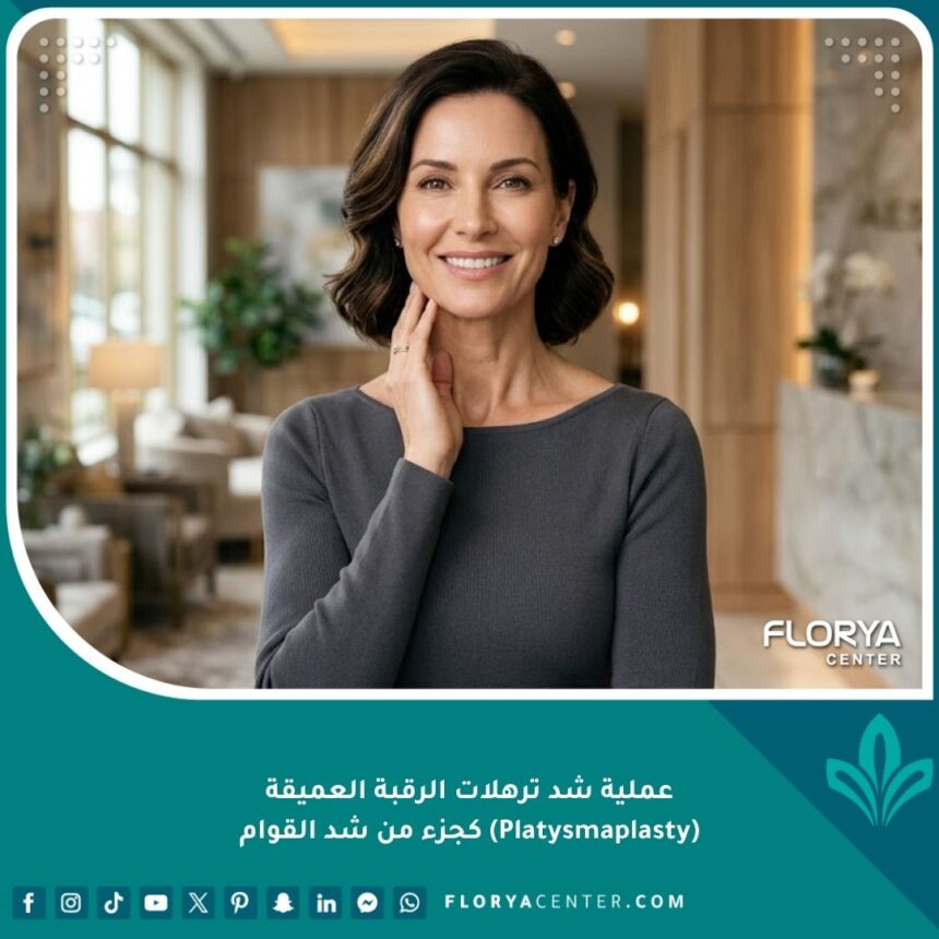صورة واقعية لامرأة أنيقة تلمس رقبتها المشدودة بعد إجراء عملية شد ترهلات الرقبة العميقة وتنسيق القوام في عيادة تجميل فاخرة.