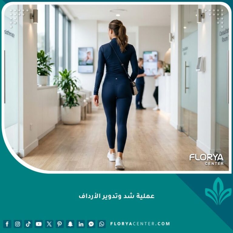 صورة لامرأة رياضية بقوام متناسق بعد عملية شد وتدوير الأرداف في عيادة تجميل فاخرة.