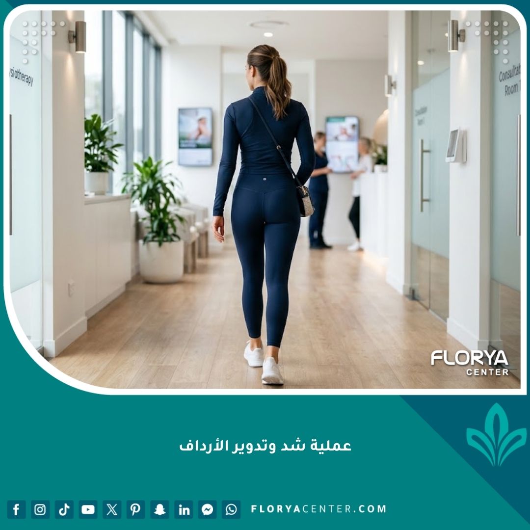 صورة لامرأة رياضية بقوام متناسق بعد عملية شد وتدوير الأرداف في عيادة تجميل فاخرة.