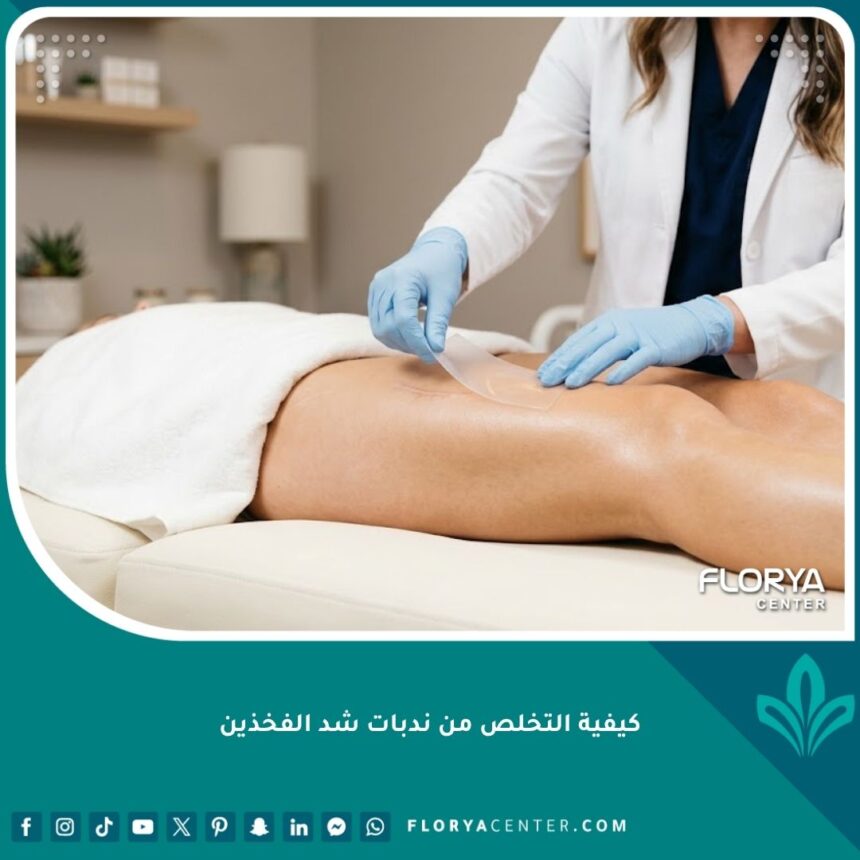 كيفية التخلص من ندبات شد الفخذين 1 طبيب تجميل يطبق لصقات السيليكون كخطوة أولى في كيفية التخلص من ندبات شد الفخذين وتحسين مظهر الجلد.