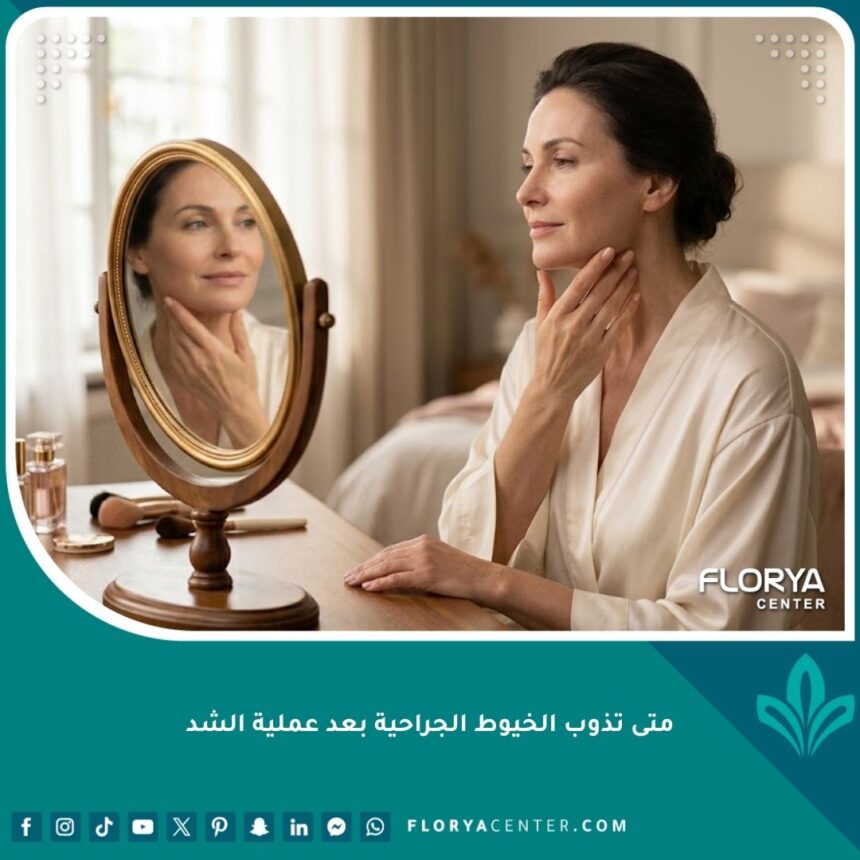صورة واقعية لامرأة سعيدة بنتيجة الجراحة تبرز تعافي الجلد، لتوضيح متى تذوب الخيوط الجراحية بعد عملية الشد.