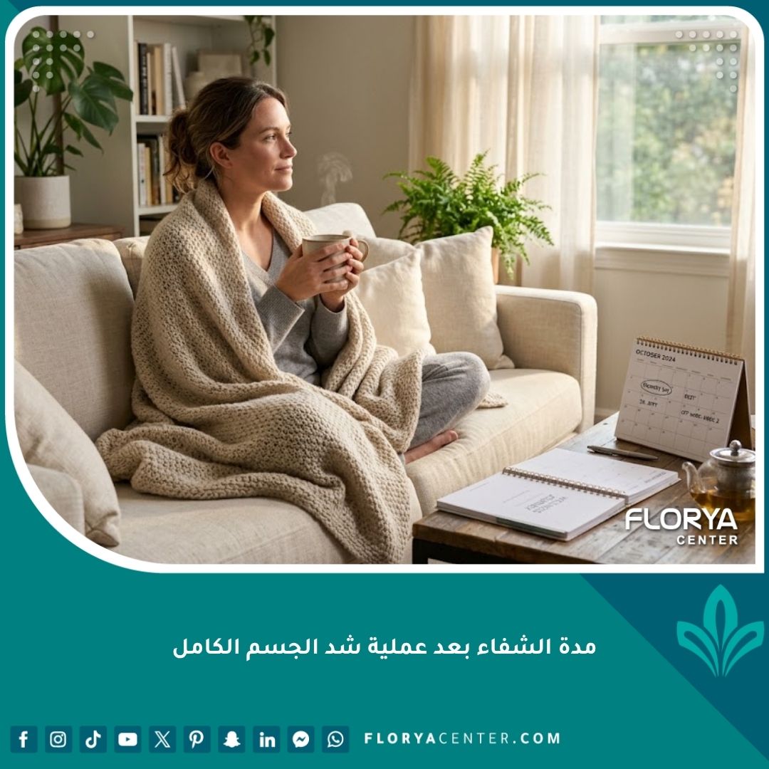 امرأة مرتاحة في المنزل تخطط لفترة النقاهة ومدة الشفاء بعد عملية شد الجسم الكامل
