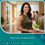 امرأة سعيدة ومفعمة بالثقة تبرز جمال ذراعيها بعد اكتمال مراحل تعافي جروح شد الذراعين بنجاح.