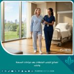 مريضة تمشي بابتسامة في ممر المستشفى بمساعدة ممرضة وترتدي الجوارب الضاغطة كأهم نصائح لتجنب الجلطات بعد جراحات السمنة والشد.