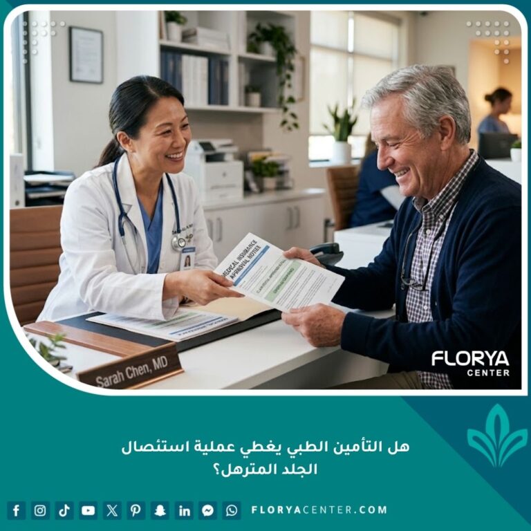 طبيب جراحة تجميل يناقش أوراق تغطية التأمين الطبي لعملية استئصال الجلد المترهل مع مريض مرتاح.