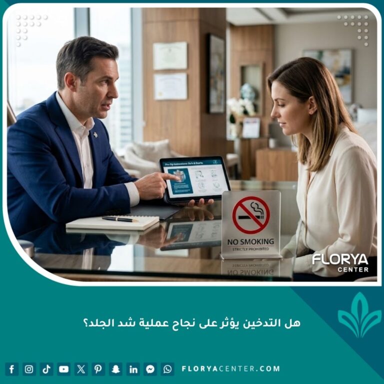 طبيب جراحة تجميل يشرح للمريضة تأثير التدخين على نجاح عملية شد الجلد في عيادة حديثة.