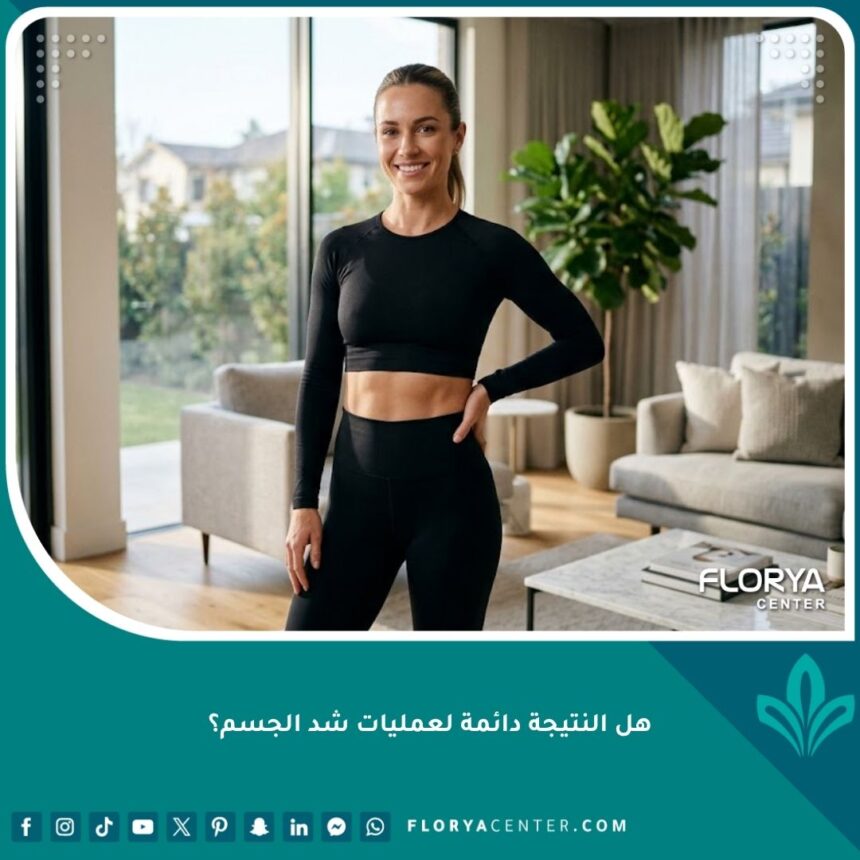 امرأة رشيقة بخصر مشدود تبرز ديمومة نتائج عملية شد الجسم مع الحفاظ على الوزن المثالي.
