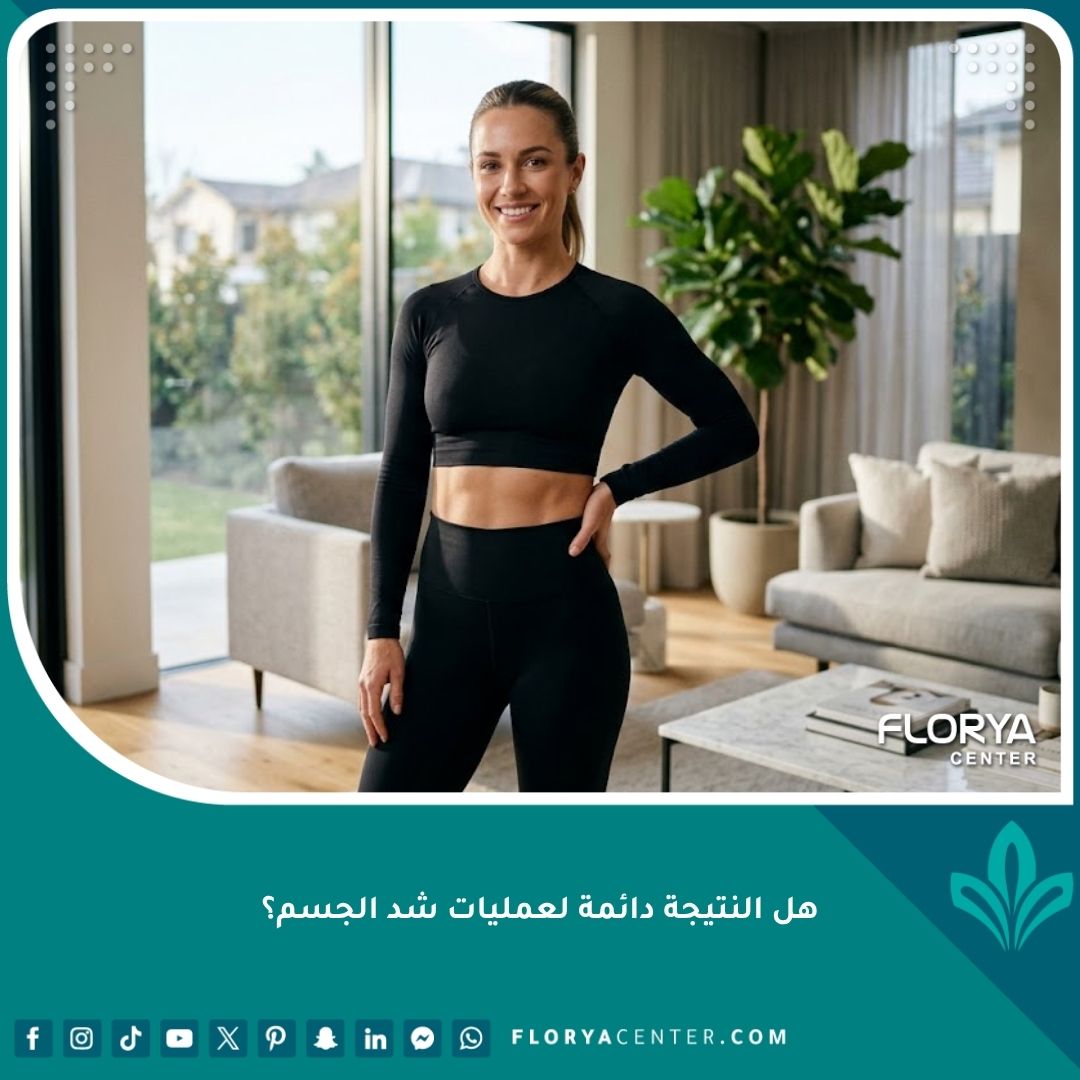 امرأة رشيقة بخصر مشدود تبرز ديمومة نتائج عملية شد الجسم مع الحفاظ على الوزن المثالي.