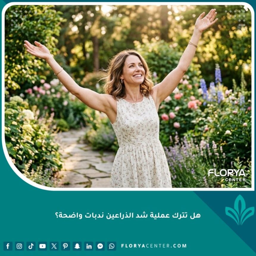 امرأة ترتدي فستان صيفي بدون أكمام بثقة بعد عملية شد الذراعين تظهر تعافيها الكامل بدون ندبات واضحة.