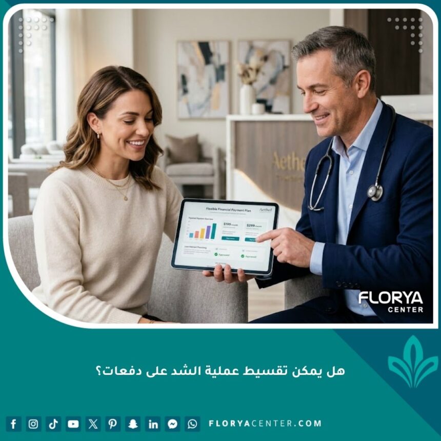طبيب جراحة تجميل يشرح خيارات تقسيط عملية الشد على دفعات لمريضة داخل عيادة فخمة.