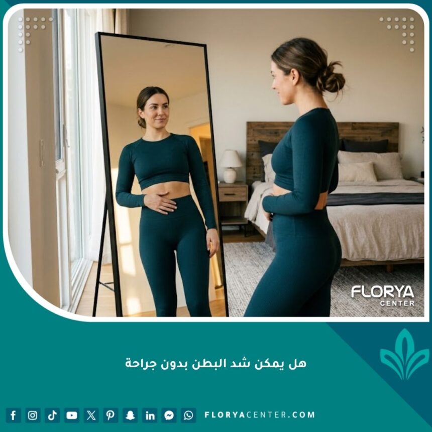 امرأة تتمتع ببطن مسطح ومشدود بعد البحث عن إجابة هل يمكن شد البطن بدون جراحة لعلاج الترهلات.