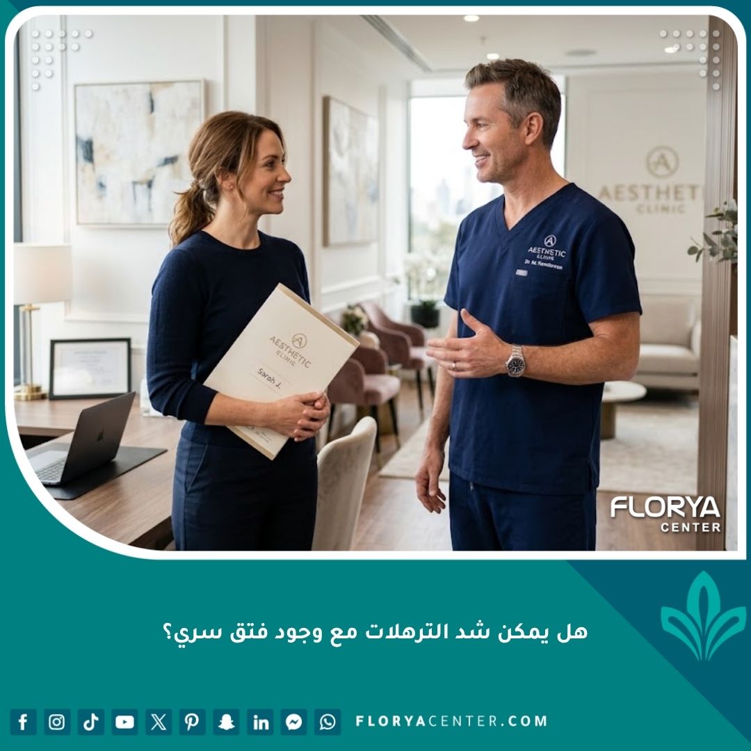 طبيب جراحة تجميل يناقش مع مريضة إمكانية شد الترهلات مع وجود فتق سري في عيادة طبية حديثة.